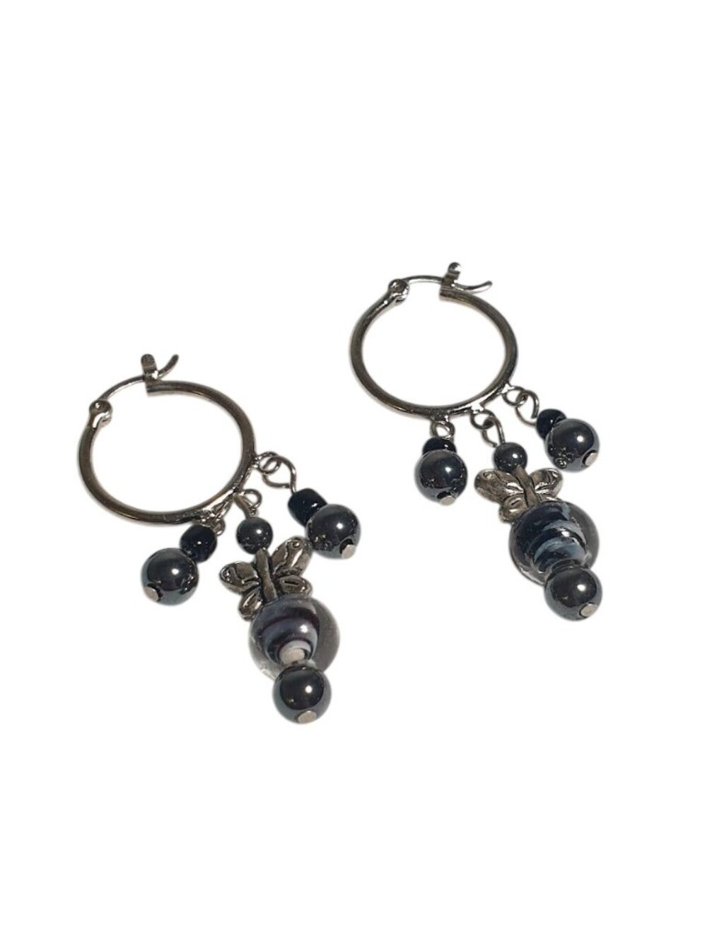 Butterfly Bead Dangle Silver Tone Hoop Earrings Handcrafted Lightweight Women Je